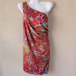 Lauren Ralph Lauren Paisley Orange One Shoulder Satin Cottagecore Dress Size 6P